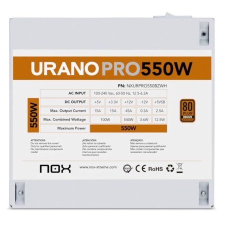 Fuente de Alimentación Nox Hummer Urano Pro White/ 550W/ Ventilador 12cm/ 80 Plus Bronze