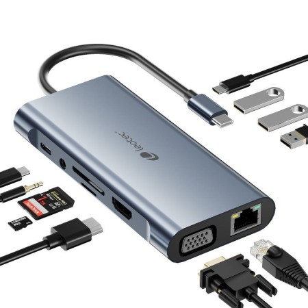 Docking USB Tipo-C Leotec LEDS01/ 3xUSB/ 2xUSB Tipo-C/ 1xUSB Tipo-C PD/ 1xHDMI 4K/ 1xVGA/ 1xRJ45/ 1xAudio/ 1xLector Tarjetas SD 