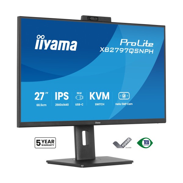 MONITOR IIYAMA 27″ CON CAMARA INTEGRADA DE 5 MP COMPATIBLE CON WINDOWS HELLO, MICROFONO, DOCK USB-C, LAN, CONMUTADOR KVM Y SOPOR