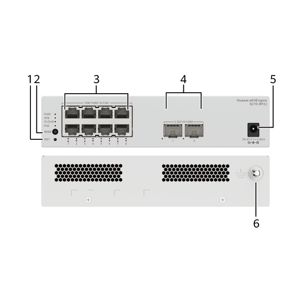 HUAWEI S210-8P2J (8*10/100/1000BASE-T PORTS (128W POE+), 2*2.5GE SFP PORTS, WITH 1*220 V AC POWER ADAPTER, FANLESS)