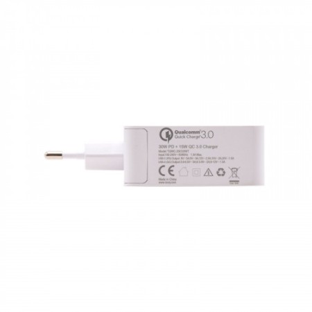TooQ Cargador de Pared doble puerto USB-C PD + USB A QC3.0, 48W