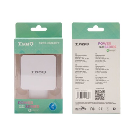 TooQ Cargador de Pared doble puerto USB-C PD + USB A QC3.0, 48W