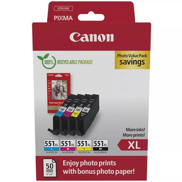 Multipack canon cli - 551xl b - c - m - y  50 hojas papel fotografico
