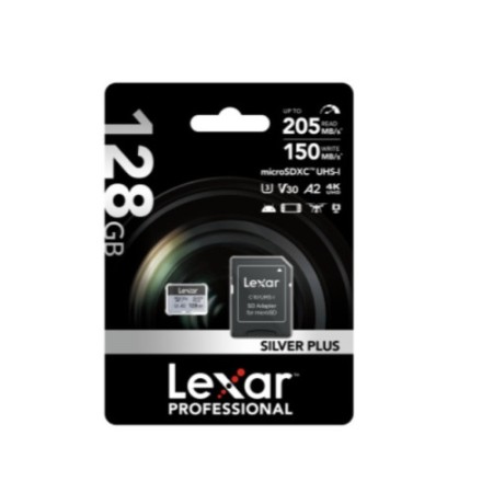 LEXAR 128GB LEXAR HIGH-PERFORMANCE SILVER PLUS MICROSDXC UHS-I, UP TO 205MB/S READ 150MB/S WRITE C10 A2 V30 U3,WITH ADAPTER