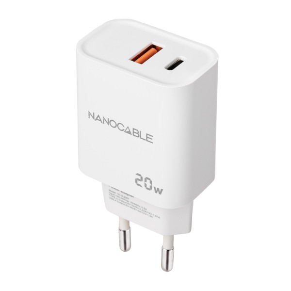 Cargador nanocable usb - c - pd  usb - a - qc 20w - blanco
