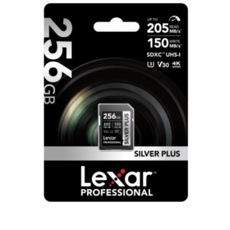 LEXAR 256GB PROFESSIONAL SILVER PLUS SDXC UHS-I CARDS, UP TO 205MB/S READ 150MB/S WRITE C10 V30 U3