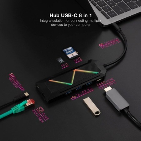 Docking USB Tipo-C Nanocable 10.16.0801/ 3xUSB/ 1xUSB Tipo-C PD/ 1xHDMI/ 1xRJ45/ 1xLector Tarjetas SD TF