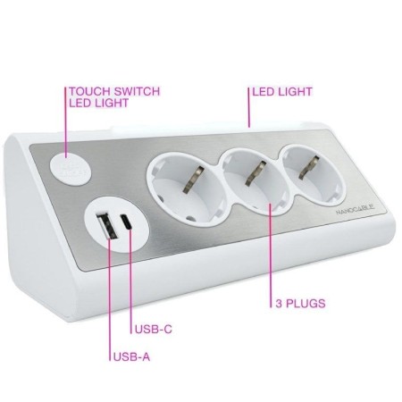 Regleta con Interruptor Nanocable 10.37.0013-W/ 3 Tomas de Corriente/ 1 USB/ 1 USB Tipo-C/ Cable 1.5m/ Blanca