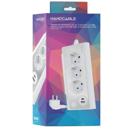 Regleta con Interruptor Nanocable 10.37.0013-W/ 3 Tomas de Corriente/ 1 USB/ 1 USB Tipo-C/ Cable 1.5m/ Blanca