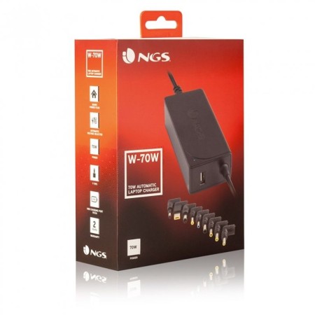 Cargador de Portátil NGS W-70W/ 70W/ Automático/ 9 Conectores/ Voltaje 18.5-20V/ 1 USB