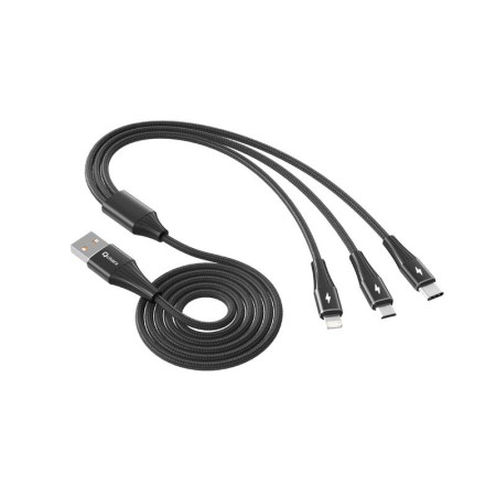 Cable triple qcharx napoli usb a lightning  tipo c  micro  3a - 1.2 m - aleación de aluminio negro cordon suave