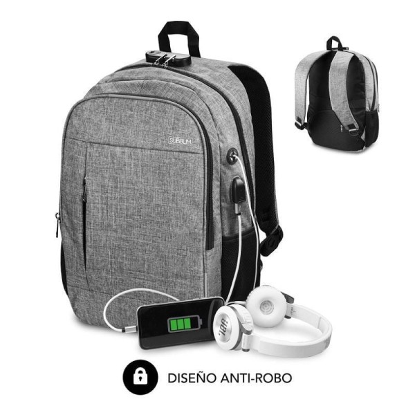 Mochila Subblim Urban Lock para Portátiles hasta 16"/ Puerto USB/ Antirrobo/ Gris