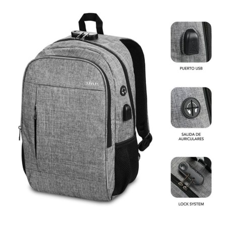 Mochila Subblim Urban Lock para Portátiles hasta 16"/ Puerto USB/ Antirrobo/ Gris