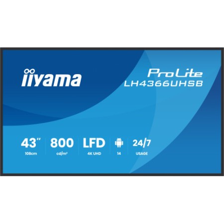 MONITOR IIYAMA 43″ , UHD IPS PANEL, HAZE 1%, 800CD/M, HORIZ Y VERT, SIGNAL FAILOVER, MM 2X 10W, HDMI 2X, DP, USB 2.0 X2, WIFI, L