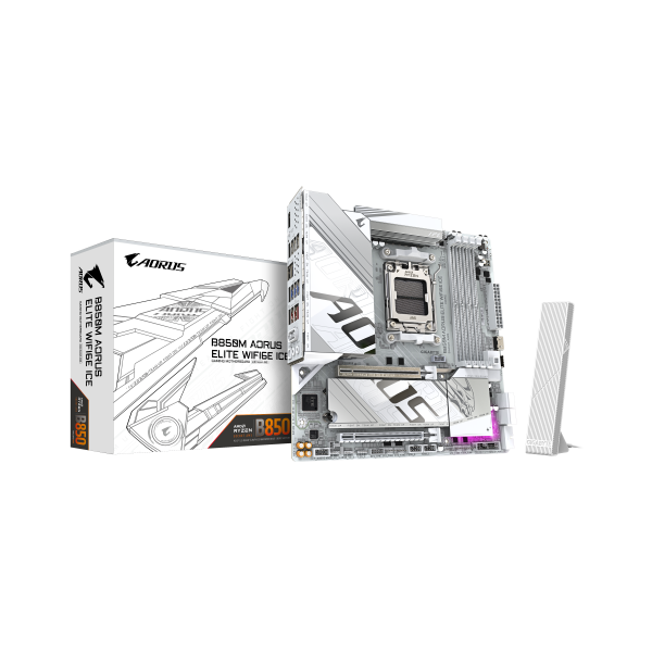 GIGABYTE B850M AORUS ELITE WIFI6E ICE Placa Base - Procesadores AMD Ryzen Serie 9000, 12+2+1 fases VRM digitales, hasta 8200MHz 