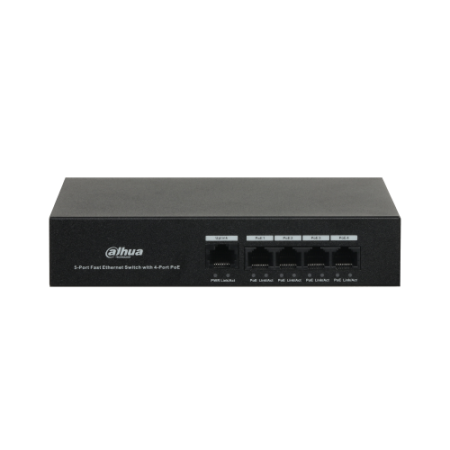 DH-PFS3005-4ET-36: DAHUA SWITCH POE NO GESTIONABLE L2, 5 PUERTOS, 4 RJ45 10/100M POE + 1 RJ45 10/100M, 36W, IEEE 802.3AF/AT, 170