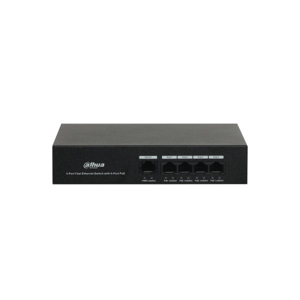 DH-PFS3005-4ET-36: DAHUA SWITCH POE NO GESTIONABLE L2, 5 PUERTOS, 4 RJ45 10/100M POE + 1 RJ45 10/100M, 36W, IEEE 802.3AF/AT, 170
