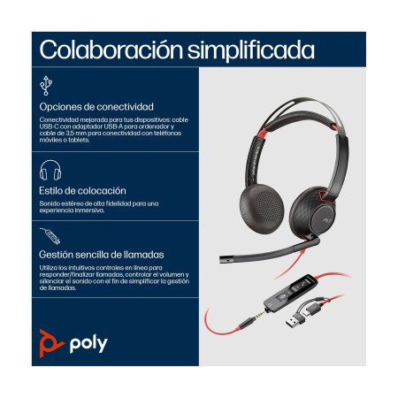 Auriculares Poly Blackwire 5220 USB-C + 3.5 mm + Adaptador USB-C/A/ con Micrófono/ Jack 3.5 - USB Tipo-C/ Bulk/ Negros