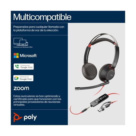 Auriculares Poly Blackwire 5220 USB-C + 3.5 mm + Adaptador USB-C/A/ con Micrófono/ Jack 3.5 - USB Tipo-C/ Bulk/ Negros