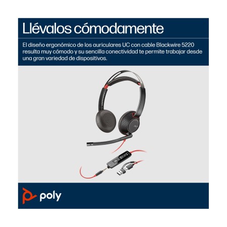 Auriculares Poly Blackwire 5220 USB-C + 3.5 mm + Adaptador USB-C/A/ con Micrófono/ Jack 3.5 - USB Tipo-C/ Bulk/ Negros