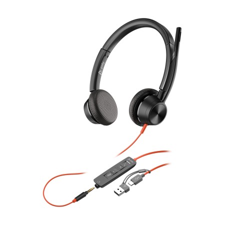 Auriculares Poly Blackwire 3225 para Microsoft Teams + 3.5 mm + Adaptador USB-C/A/ con Micrófono/ Jack 3.5 - USB Tipo-C/ Negros