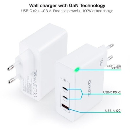 Cargador de Pared TooQ TQWC-GANQC2PD100W/ 2xUSB Tipo-C/ 1xUSB/ 100W