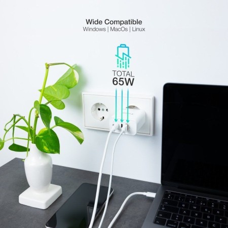 Cargador Gan de Pared TooQ TQWC-GANQC2PD65WT/ 2xUSB Tipo-C/ 1xUSB/ 65W