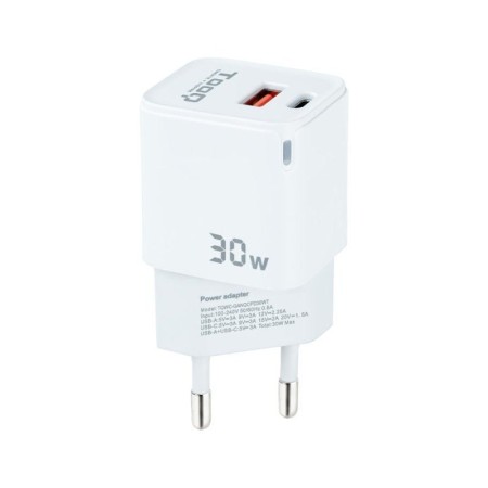 Cargador de Pared TooQ TQWC-GANQCPD30WT/ 1xUSB Tipo-C/ 1xUSB/ 30W