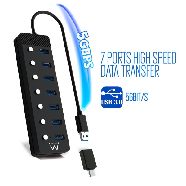Hub ewent 7 puertos usb 3.0  interruptor - usb tipo a  adaptador usb tipo c
