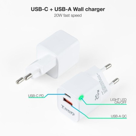 Cargador de Pared TooQ TQWC-QCPD20WT/ 1xUSB-Tipo C/ 1x USB/ 20W/ Blanco