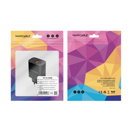 Cargador de Pared Nanocable 10.10.2008/ 1xUSB/ 1xUSB Tipo-C/ 20W/ Negro