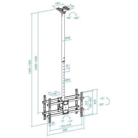 Soporte de Techo Giratorio/ Inclinable/ Nivelable TooQ LPCE2286TSLI-XL-B para 2 TV de 43-86"/ hasta 100kg