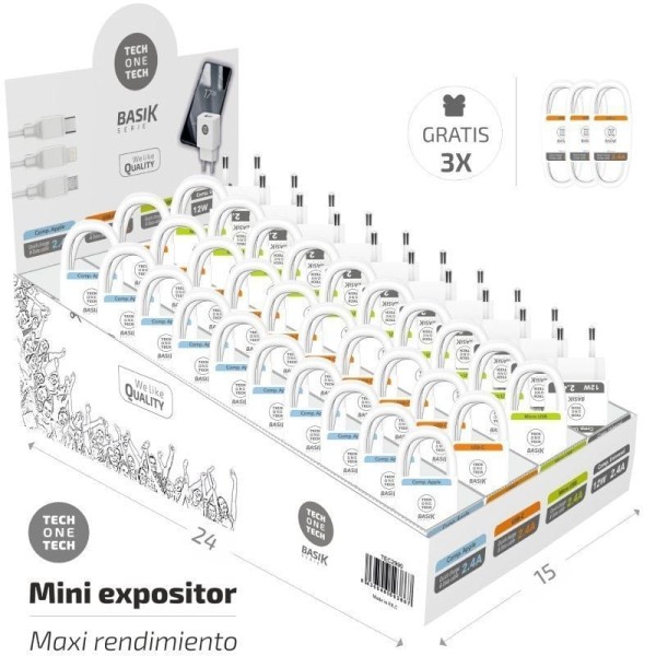 Expositor de Cargadores y Cables Tech One Tech Basik TEC2990/ Incluye 30 Cables / 10 Cargadores /  Regalo 3 Cables USB Tipo-C