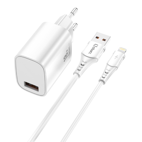 Kit cargador qcharx artemisia 3a 18w  cable usb lightning  blanco