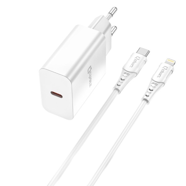 Kit cargador qcharx chronos 3a 20w  cable tipo c a lightning blanco