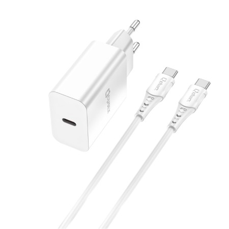 Kit cargador qcharx chronos 3a 20w puerto pd  cable tipo c  a tipo c blanco