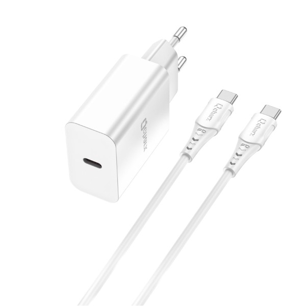 Kit cargador qcharx chronos 3a 20w puerto pd  cable tipo c  a tipo c blanco