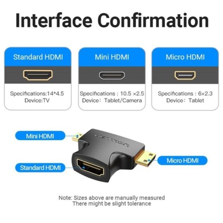 Adaptador HDMI 2 en 1 Vention AGFB0/ HDMI Hembra - Micro HDMI Macho - Mini HDMI Macho