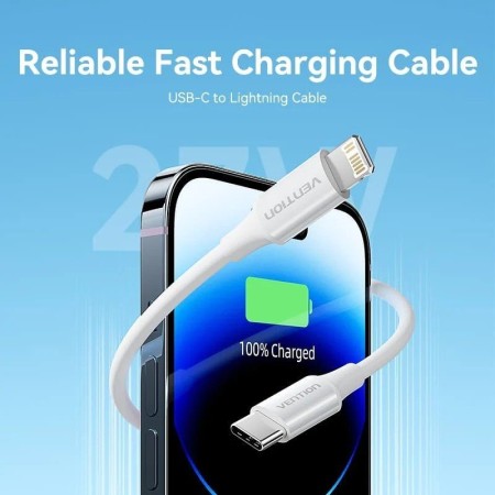 Cable USB 2.0 Tipo-C Lightning Vention LAJWF/ USB Tipo-C Macho - Lightning Macho/ Hasta 27W/ 480Mbps/ 1m/ Blanco