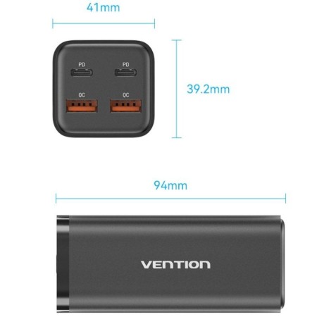 Cargador de Pared Vention FBSBG-EU/ 2xUSB Tipo-C + Cable USB Tipo-C/ 2xUSB/ 100W