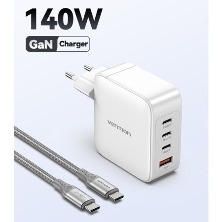 Cargador Gan de Pared Vention FEIW0-EU/ 3xUSB Tipo-C + Cable USB Tipo-C/ 1xUSB/ 140W