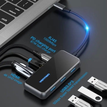 Docking USB Tipo-C Vention TFFHB/ 1xHDMI 4K/ 3xUSB/ 1xRJ45/ 1xUSB Tipo-C PD/ Gris