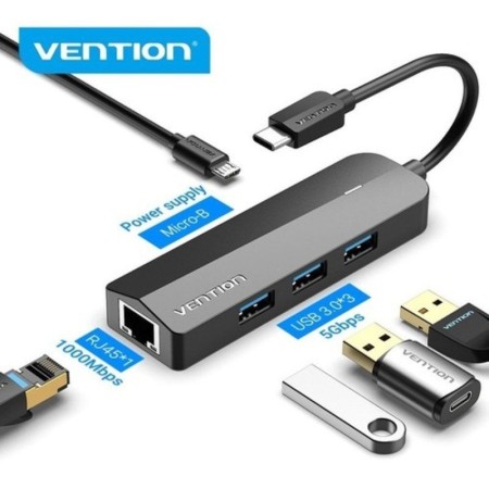 Docking USB Tipo-C Vention TGPBB/ 3xUSB/ 1xRJ45/ 1xMicro B PD/ Negro