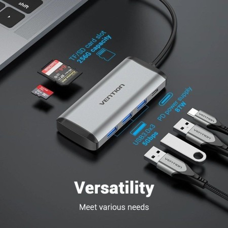 Docking USB Tipo-C Vention TGRHB/ 3xUSB/ 1xLector Tarjetas/ 1xUSB Tipo-C PD/ Gris