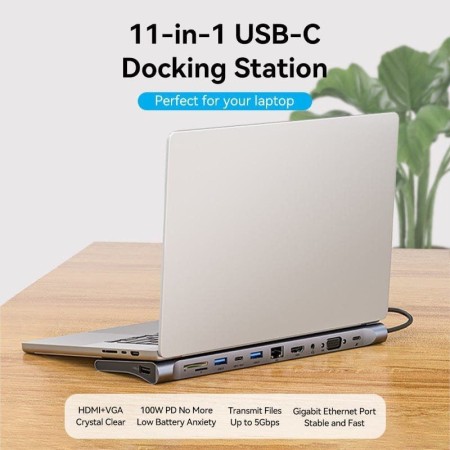 Docking USB Tipo-C Vention THTHC/ 1xHDMI/ 1xVGA/ 3xUSB/ 1xUSB Tipo-C/ 1xUSB Tipo-C PD/ 1xRJ45/ 1xLector Tarjetas SD y MicroSD/ J