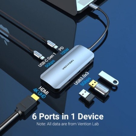 Docking USB Tipo-C Vention TOFHB/ 1xHDMI/ 3xUSB/ 1xUSB Tipo-C/ 1xUSB Tipo-C PD