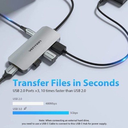 Docking USB Tipo-C Vention TOJHB/ 1xHDMI/ 3xUSB/ 1xUSB Tipo-C/ 1xLector tarjetas/ Gris