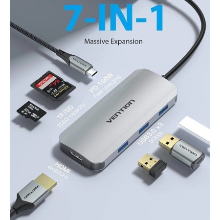 Docking USB Tipo-C Vention TOJHB/ 1xHDMI/ 3xUSB/ 1xUSB Tipo-C/ 1xLector tarjetas/ Gris