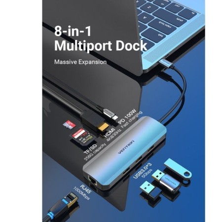 Docking USB Tipo-C Vention TOKHB/ 1xHDMI/ 3xUSB/ 1xUSB Tipo-C PD/ 1xRJ45/ 1xLector Tarjetas SD y MicroSD/ Gris