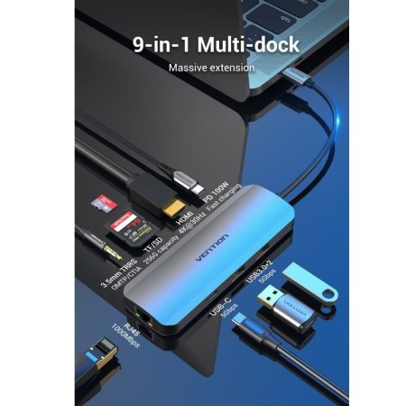 Docking USB Tipo-C Vention TOMHB/ 1xHDMI/ 2xUSB/ 1xUSB Tipo-C/ 1xUSB Tipo-C PD/ 1xRJ45/ 1xLector Tarjetas SD y MicroSD/ Jack 3.5